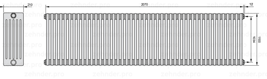 Схема (чертеж) Радиатор Zehnder Charleston 6110/45 №7610 Белый глянцевый RAL 9016